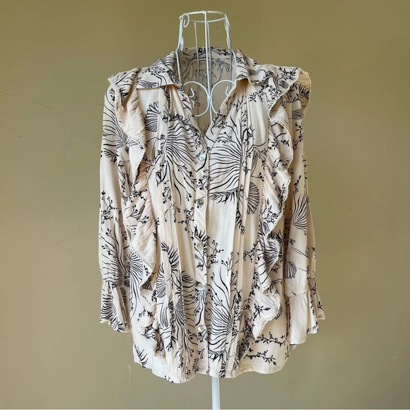 Anthropologie especia ruffle button up blouse novelty print long sleeve size S - Picture 1 of 9